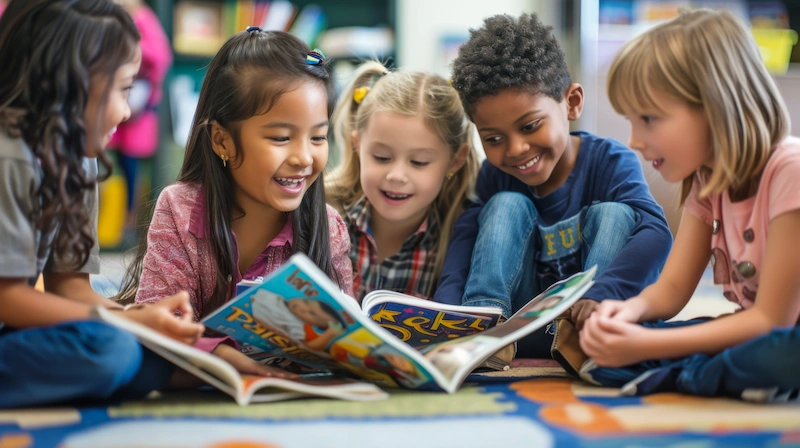 grupo de alunos sorrindo lendo historias em livros