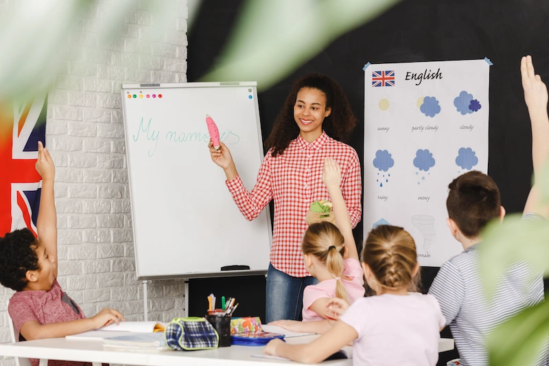 professora e alunos na aula de ingles