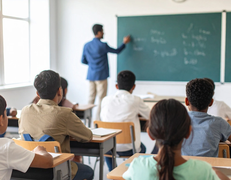 alunos em sala de aula olhando para o professor e o quadro
