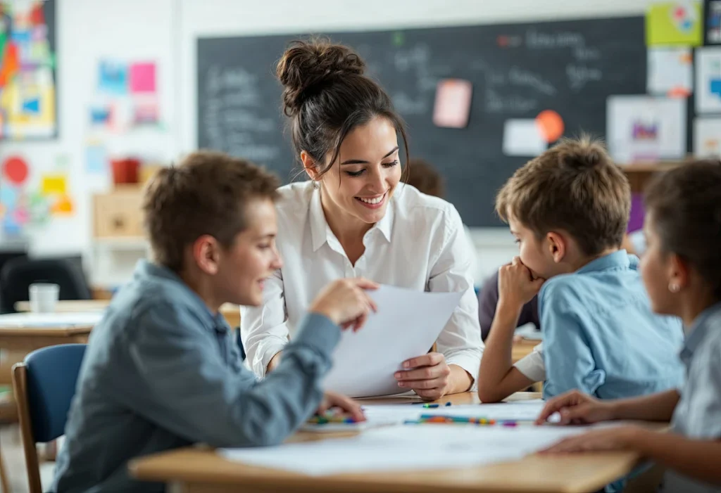 professora ajudando os alunos na carteira em sala de aula