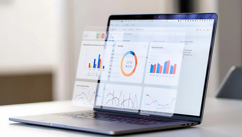 computador com design grafico saltando da tela com numeros e dados