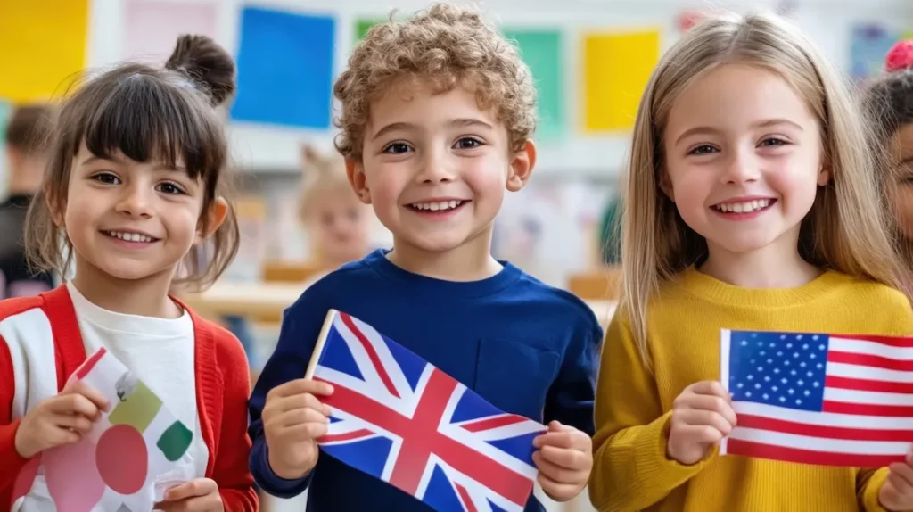 tres alunos na aula de ingles segurando a bandeira de paises falantes da lingua inglesa